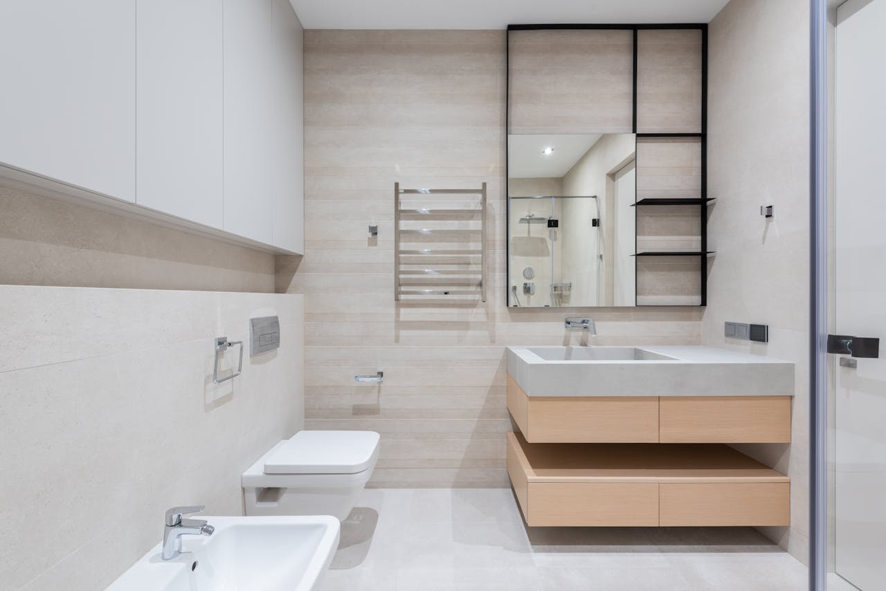 services-03 Interior of modern light bathroom with bidet and toilet next to sink with cabinet under mirror